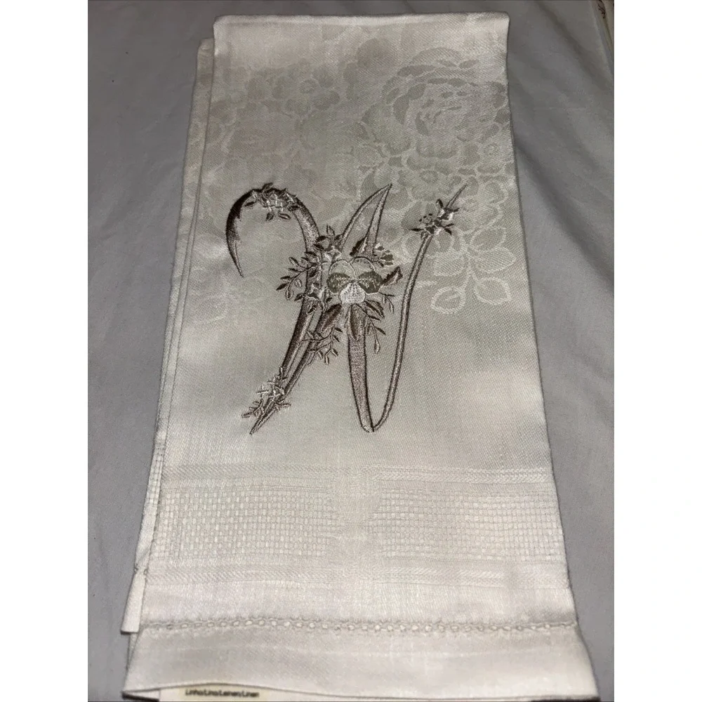 Vintage Texteis Iris Linen Embroidered Monogrammed M Cloth Decorative‎ Tea Towel